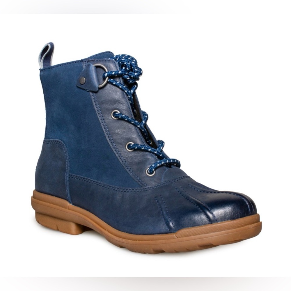 UGG Navy Blue Leather/ Suede  High-Top Lace Boots/10 (bleach spots)